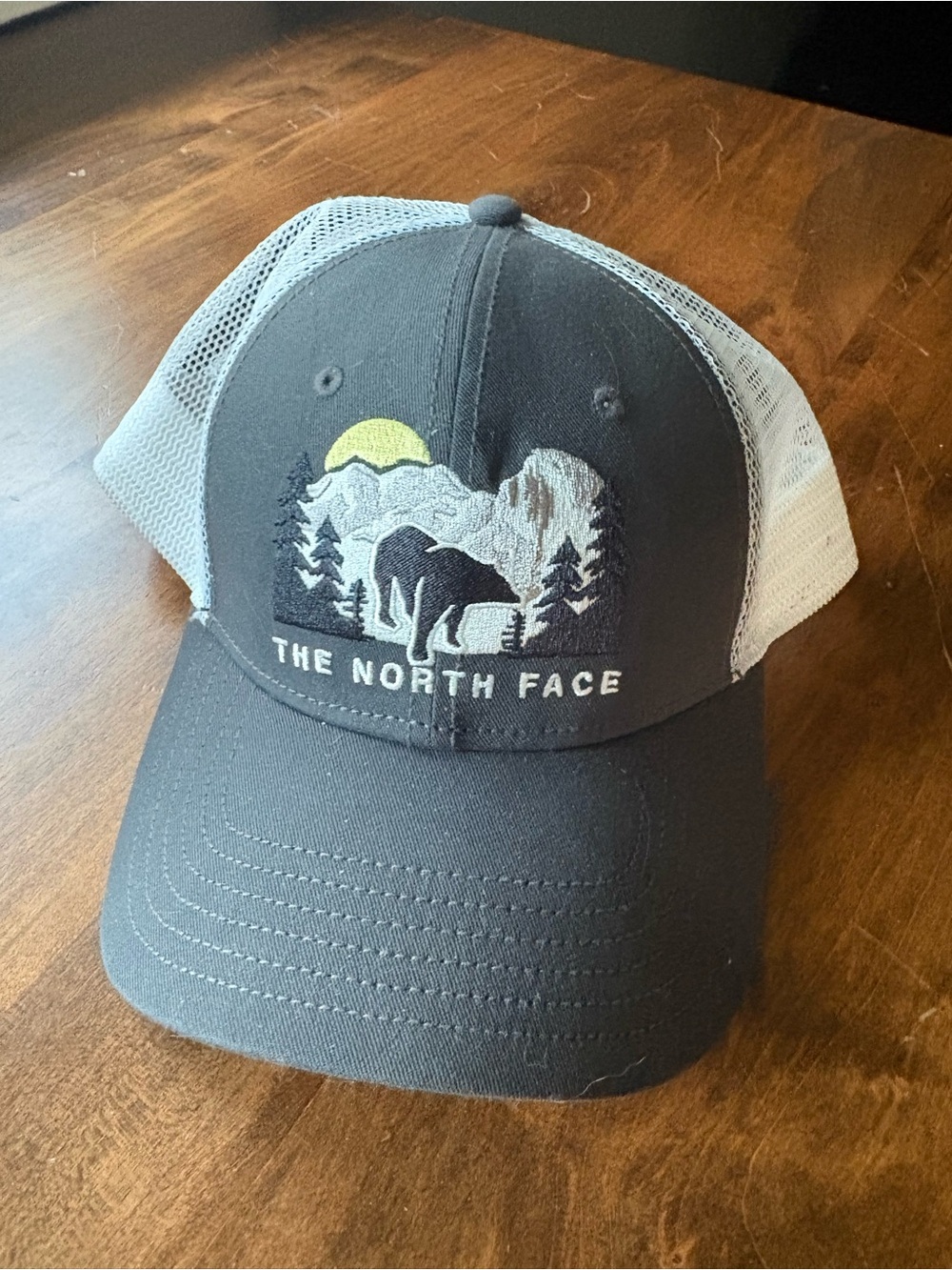 The North Face Grey & White Trucker Hat with Bear Mountain Patch